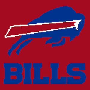 May include: A blue buffalo silhouette with a white stripe across its back, on a red background. The word "BILLS" is written in blue below the buffalo.