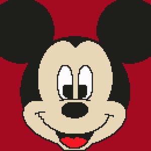 Könnte beinhalten: Eine Cartoon-Illustration von Mickey Mouse mit großen schwarzen Ohren, einer schwarzen Nase und einem breiten Lächeln. Sein Gesicht ist beige und seine Augen sind weiß mit schwarzen Pupillen.