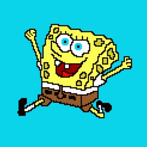 May include: A yellow cartoon character with blue eyes and a big smile, wearing brown trousers and running with arms raised.
