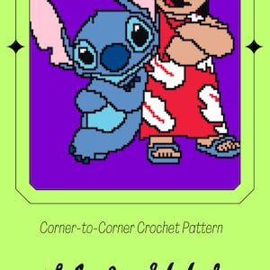 Motif fantaisiste de couverture au crochet Lilo and Stitch, tutoriel graphique C2C coloré pour une décoration intérieure confortable
