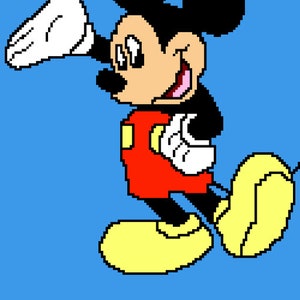 May include: A pixelated illustration of Mickey Mouse, a cartoon character, in a red shirt and yellow shoes, waving with his right hand. The background is blue. The text "Mickey Mouse" is below the image.