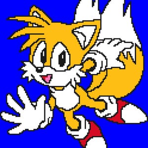 May include: Pixelated illustration of Tails, a yellow fox with two tails, wearing white gloves and red shoes. The character is set against a blue background, with a dynamic pose suggesting movement.