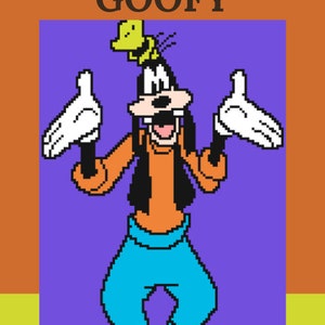May include: Crochet pattern for Goofy, a cartoon character with a yellow hat, orange shirt, blue pants, and brown shoes. The pattern is by Olivia Wilson.