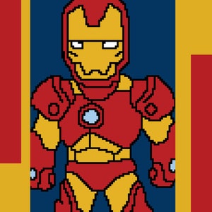 Op de afbeelding: Een haakpatroon in pixelstijl van Iron Man. Het patroon is in rood, geel en blauw. Het patroon is voor een corner-to-corner haakproject.