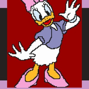May include: A crochet pattern for a Daisy Duck amigurumi doll. The pattern is designed by Natasha Hardy and features a white duck with a yellow beak, pink bow, and blue shirt. The pattern is titled "Daisy Duck Crochet Pattern".