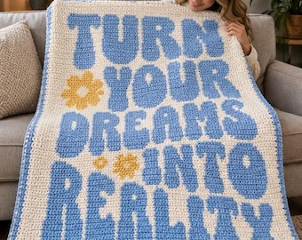 Inspirational Quote Crochet Blanket Pattern - Groovy Retro Graphgan - Pixel Art Afghan PDF Instant Download