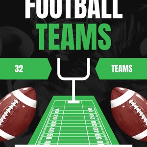 Könnte beinhalten: Ein grünes und weißes Fußballfeld mit einem Fußball auf jeder Seite des Feldes. Der Text "32 TEAMS" befindet sich oben im Bild. Der Text "CROCHET PATTERNS" befindet sich unten im Bild.