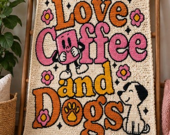 Coffee and Dog Lover Crochet Afghan Pattern - Groovy Retro Blanket - Instant PDF Download