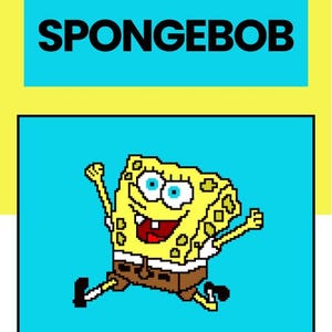 May include: A crochet pattern for a queen-sized blanket featuring a pixelated image of SpongeBob SquarePants. The pattern is titled "Step by Step Corner - To - Corner Crochet Pattern" and features the word "SPONGEBOB" in large black letters.