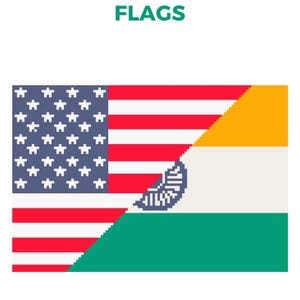 Puede incluir: Un diseño de patrón de ganchillo con las banderas estadounidense e india. La bandera estadounidense está a la izquierda, con rayas rojas y blancas y un campo azul de estrellas blancas. La bandera india está a la derecha, con secciones de color azafrán, blanco y verde.