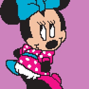 May include: A pixelated cartoon image of a mouse with a blue bow, pink dress, and white polka dots. The mouse has a black nose and large, white eyes. The background is a solid purple color.