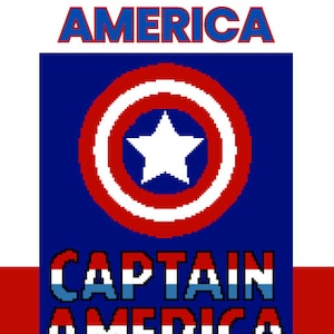 Op de afbeelding: Een haakpatroon voor een Captain America-themaproject. Het patroon heeft een rood-wit-blauw kleurenschema met een gepixelde afbeelding van Captain America's schild.