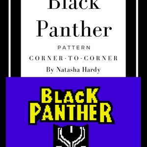 Pode incluir: Padrão de crochê para um design Black Panther de canto a canto. O padrão inclui uma imagem pixelada da máscara do Black Panther.