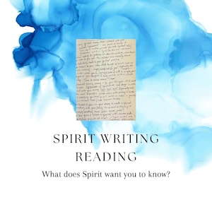 Puede incluir: Imagen cuadrada con un fondo de acuarela azul y texto que dice "SPIRIT WRITING READING" y "What does Spirit want you to know?" Una nota manuscrita está en el centro.