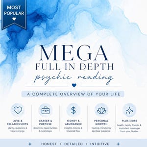 May include: A promotional graphic with a blue watercolour background advertising a "MEGA FULL IN DEPTH psychic reading." The image features icons representing love, career, money, personal growth, and more, with the words "HONEST, DETAILED, INTUITIVE" at the bottom.