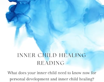 Puede incluir: Imagen abstracta con efecto acuarela en tonos azules. El texto dice "INNER CHILD HEALING READING" y pregunta "What does your inner child need to know now for personal development and inner child healing?"