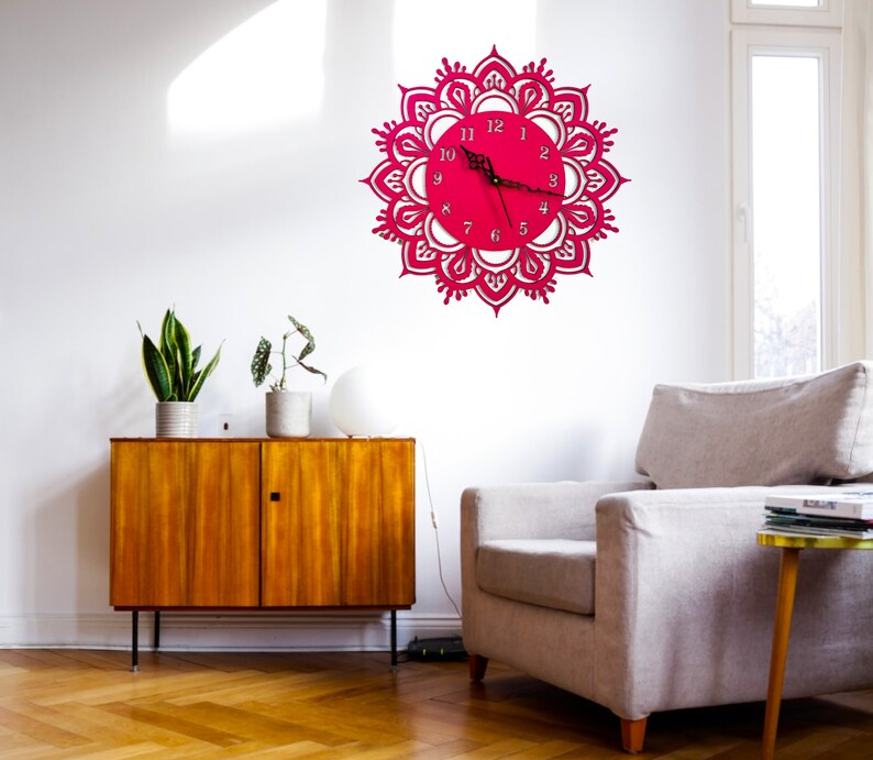 Mandala Wandklok Uniek Groot Ontwerp, Klokmuur Hout en Vintage, Houten Wandklok Uniek voor keuken, Muurhangende geschenken, Houtkunst. afbeelding 9