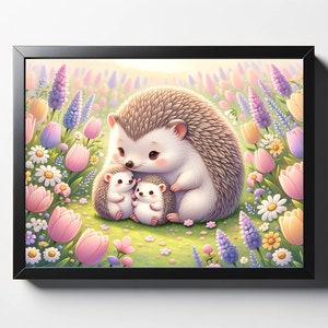 Mother Hedgehog with Babies Print
