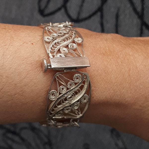 Antique silver vermeil filigree panel bracelet