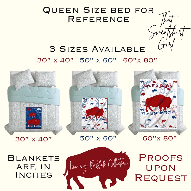 Peut inclure: Trois tailles de couvertures diff&eacute;rentes sont pr&eacute;sent&eacute;es sur un lit queen-size. Les couvertures pr&eacute;sentent un motif de buffle avec le texte "Love My Buffalo" et "The Sandersons". Les couvertures sont disponibles en tailles 30" x 40", 50" x 60" et 60" x 80". Le texte "Blankets Are In Inches" est &eacute;galement inclus dans l'image.