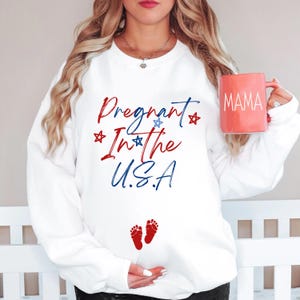 Bluza z nadrukiem „Ciąża w USA”, prezent ciążowy z okrągłym dekoltem, odzież na baby shower, bluza z okrągłym dekoltem z okazji czwartego lipca, bluza z okrągłym dekoltem w kolorze czerwono-białym i niebieskim, mama