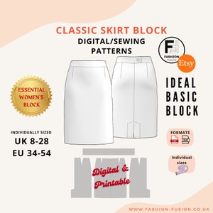 May include: A digital sewing pattern for a classic skirt block. The pattern is available in sizes UK 8-28 and EU 34-54. The pattern is available in PDF and DXF formats. The pattern is digital and printable.
