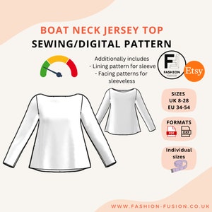May include: A digital sewing pattern for a boat neck jersey top. The pattern includes sizes UK 8-28 and EU 34-54, and comes in PDF and DXF formats. The pattern also includes instructions for a lining and facing for a sleeveless version.