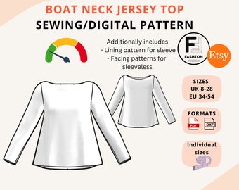 Multi Style Boat Neck Jersey Top Sewing Pattern - Size UK 8-28 EU 34-54 - Instant PDF A4 + A0 & DXf downloads - Instructions + sizing incl