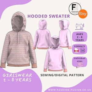 May include: A digital sewing pattern for a hooded sweater for girls ages 2-8 years. The pattern comes in PDF and DXF formats and includes individual sizes. The image shows a pink hooded sweater with a polka dot pattern.