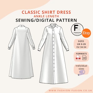 Op de afbeelding: Een digitaal naaipatroon voor een klassieke shirtjurk met enkel lengte. Het patroon is verkrijgbaar in de maten UK 8-28 en EU 34-54. Het patroon is beschikbaar in PDF en DXF formaten. De afbeelding toont een lijntekening van de jurk.
