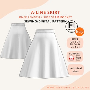 May include: A-line skirt sewing pattern in PDF and DXF formats. The pattern includes sizes UK 8-28, EU 34-54, and US 4-24. The skirt is knee length and has a side seam pocket.