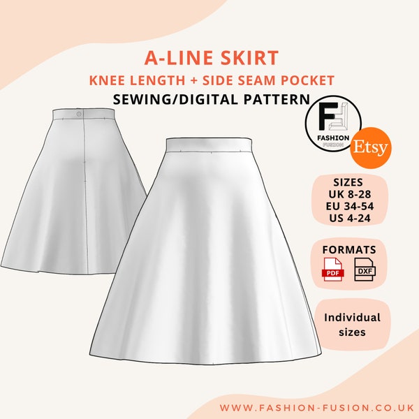 A-Line Skirt sewing pattern, Knee Length with side seam pockets, Sizes UK 8-28 EU 34-54 Us 4-24 PDF A4 + A0 & DXf downloads, + instructions