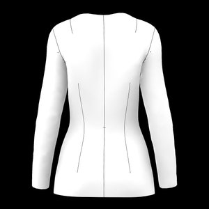 May include: White long-sleeved shirt with a fitted waist and a round neckline.