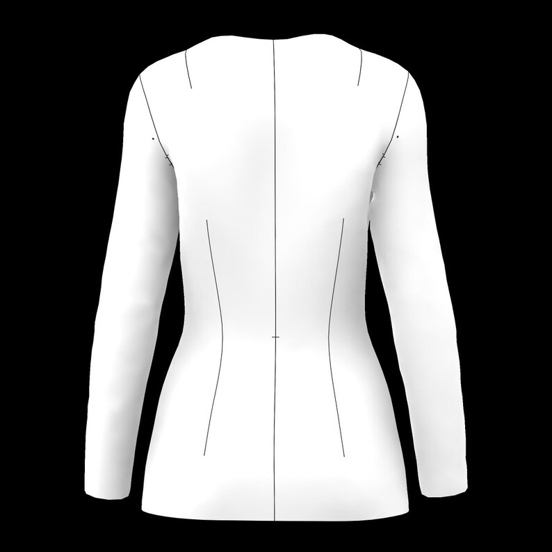 May include: White long-sleeved shirt with a fitted waist and a round neckline.