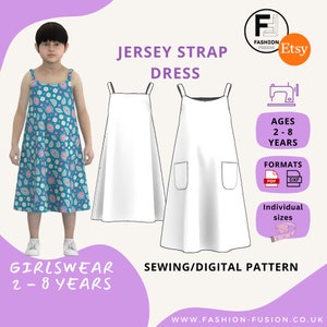 Girls Jersey/Knit Strap Dress with Patch Pocket - Ages 2 - 8 Years - Instant PDF A4 + A0 & DXF sewing patterns + Instructions - Summer