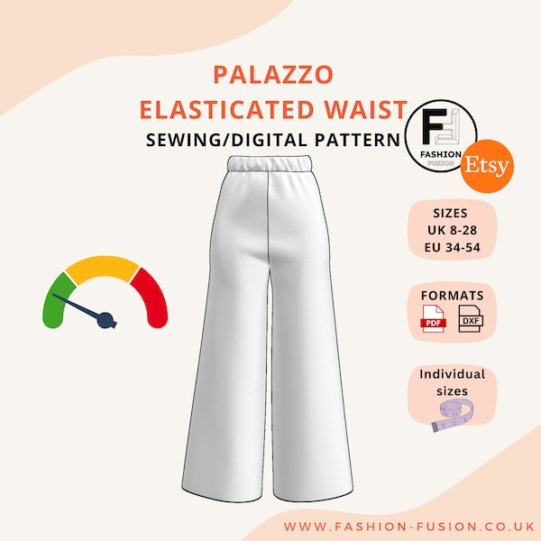 Women's/Teens Elasticated Waist Palazzo Pant, Size UK 8-28 EU 34-54, PDF A4 + A0 & DXf instant downloads, clear sewing + size information