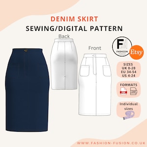 Mönster för denimkjol nedanför knäna med påsydda fickor, gylf med dragkedja fram och sprund baktill - PDF A4, A0, DXF digitala filer - Flera storlekar