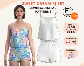 May include: A digital sewing pattern for a white pajama set with a tie-dye print. The pattern includes a tank top and shorts. The pattern is available in sizes UK 8-28, EU 34-54, US 4-24. The pattern is available in PDF and DXF formats.