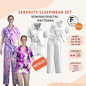 Serenity-Nachtwäsche-Set, Damen-Schlafanzug, mehrteilige Schnittmuster/digitale Schnittmuster, Größe UK 8–28, EU 34–54, Us 4–24, PDF-Dateien A4 + A0 und Dxf + Anleitung