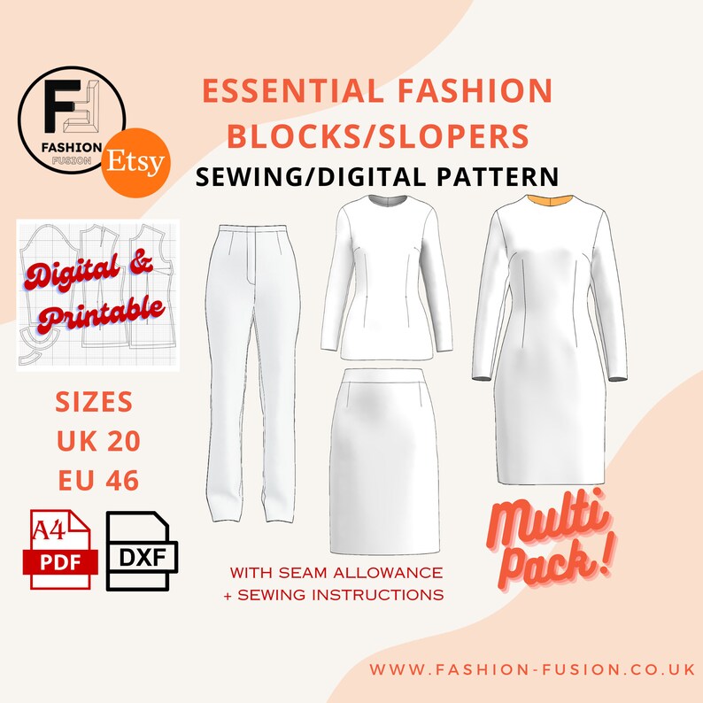 Pode incluir: Um padr&atilde;o de costura digital para blocos e padr&otilde;es de moda essenciais nos tamanhos UK 20 e EU 46. O padr&atilde;o inclui uma saia, uma cal&ccedil;a e um vestido. O padr&atilde;o est&aacute; dispon&iacute;vel nos formatos PDF e DXF. A imagem inclui o texto "Digital & Printable", "Sizes UK 20 EU 46", "A4 PDF DXF", "With seam allowance + sewing instructions", "Multi Pack!" e "WWW.FASHION-FUSION.CO.UK".