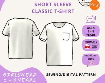 Girls Short Sleeve Classic T-Shirt - Ages 2 - 8 Years - Instant PDF A4 + A0 & DXF Sewing Pattern + Instructions - Summer Essential Wardrobe