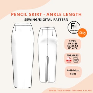 Pencil Skirt pattern - Ankle Length - Ideal sewing project - Sizes UK 8-28 EU 34-54 US 4-28 - Instant PDf A4 & A0 + DXf, clear instructions