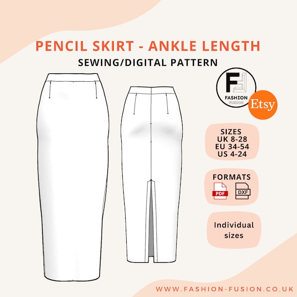 Pencil Skirt pattern - Ankle Length - Ideal sewing project - Sizes UK 8-28 EU 34-54 US 4-28 - Instant PDf A4 & A0 + DXf, clear instructions