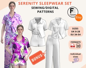 Ensemble de vêtements de nuit Serenity, patrons de couture/numériques en plusieurs pièces pour femme, taille UK 8-28 EU 34-54, fichiers instantanés PDF A4 + A0 et Dxf + instructions