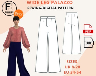 Wide Leg Palazzo Pant - PDF A4/A0 and DXF Digital Sewing Pattern, Instant Downloads, Size - UK 8-28 - Eu 34-54, Includes Sewing Instructions