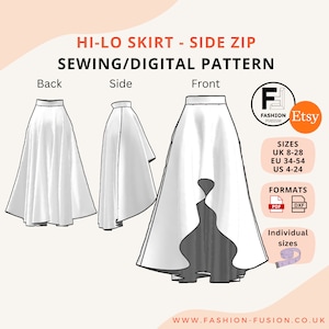 Patron de jupe Hi-Lo pour femme - Taille UK 8-28 EU 34-54 Us 4-24 - Téléchargement instantané de PDF A4 + A0 et DXf + instructions de couture claires et informations sur les tailles