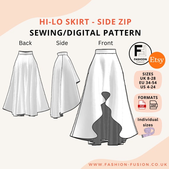 Hi-lo Women's Skirt Pattern - Size UK 8-28 EU 34-54 Us 4-24 Hi-lo Women's Skirt Pattern - Size UK 8-28 EU 34-54 Us 4-24
