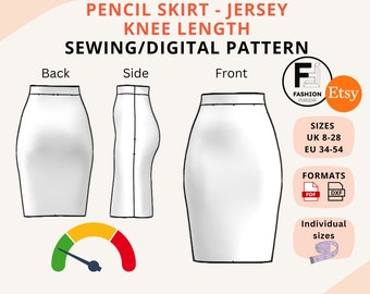 May include: A white pencil skirt sewing pattern, knee length, with views from the back, side, and front. The pattern includes sizes UK 8-28 and EU 34-54, available in PDF and DXF formats. The text reads "PENCIL SKIRT - JERSEY KNEE LENGTH SEWING/DIGITAL PATTERN."