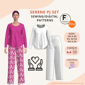 May include: A digital sewing pattern for a two-piece pajama set. The set includes a long-sleeved top with a round neckline and a pair of pants. The top is white and the pants are white with a pink floral print. The pattern is available in sizes UK 8-28, EU 34-54, and US 4-24. The pattern is available in PDF and DXF formats.