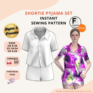 May include: A digital sewing pattern for a shorty pajama set. The pattern includes sizes UK 8-28, EU 34-54, and US 4-24. The pattern is available in PDF and DXF formats. The image shows a white pajama set with a collared top and shorts. The text "SHORTIE PYJAMA SET INSTANT SEWING PATTERN" is at the top of the image.